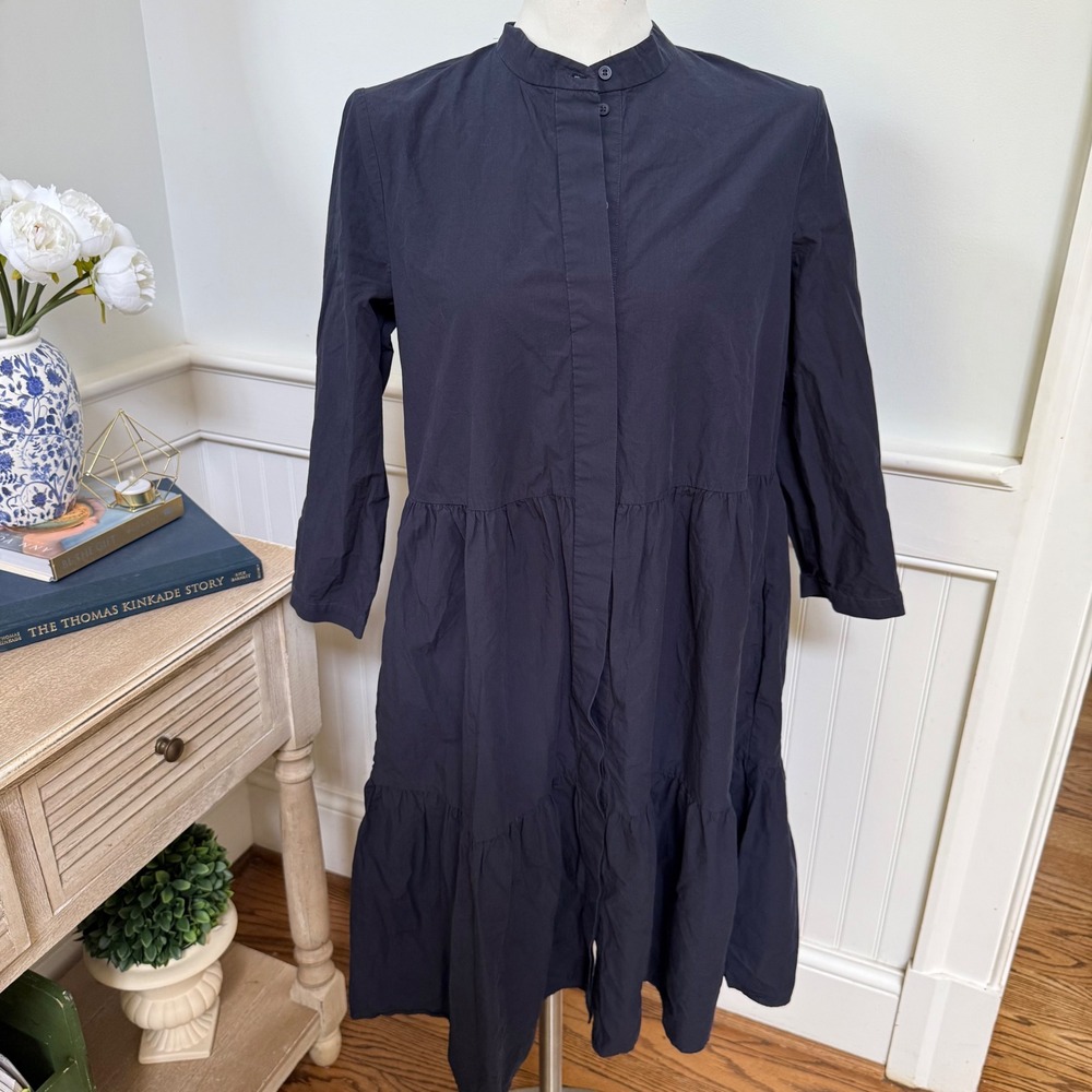 COS Navy Blue Cotton Poplin Tiered Midi Shirt Dress Band Collar Womens 8